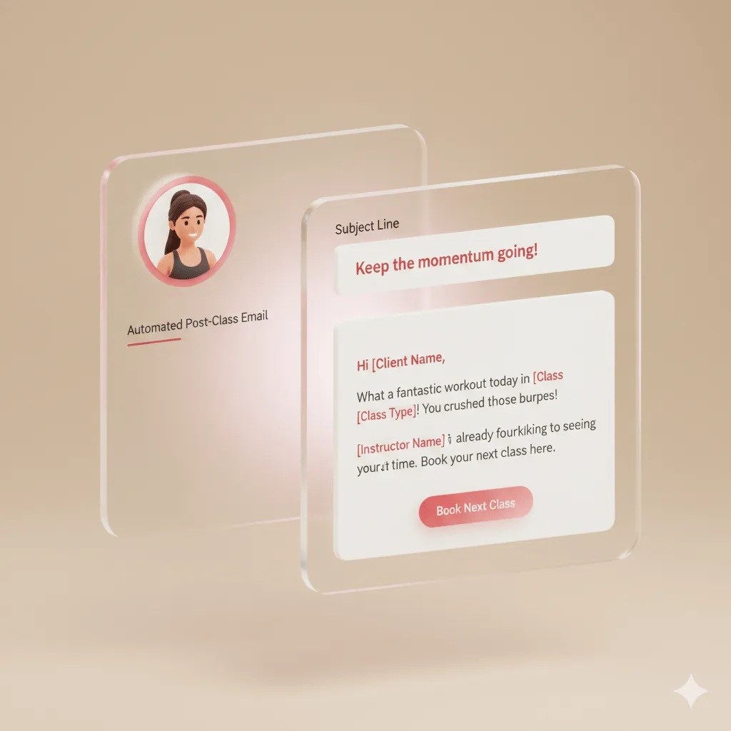 Glass UI showing automated post-class email subject and personalized message copy