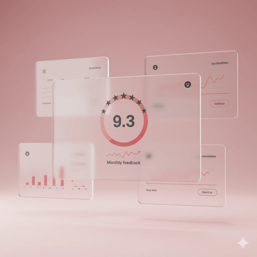 Floating dashboard panels highlighting a 9.3 monthly feedback rating and trend charts